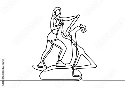 One continuous line drawing of young energetic woman working out relax with elliptical cross. Sport girl doing exercise. Healthy fitness sport concept. Trendy one line draw design vector illustration