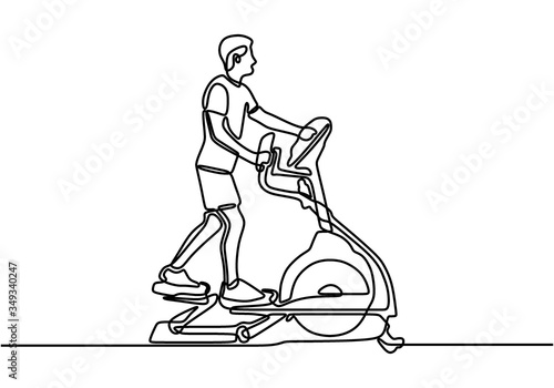 One continuous line drawing of young energetic man working out relax with elliptical cross. Sport man doing exercise. Healthy fitness sport concept. Trendy one line draw design vector illustration
