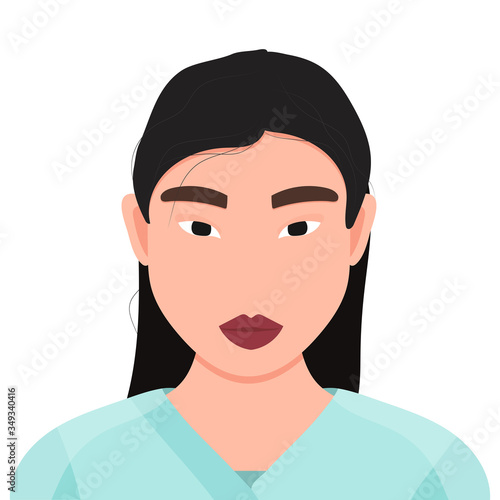Female avatar. Female character in medical uniform. Asian woman as doctor or nurse.  Coronavirus epidemic. Vector stock  illustration isolated on white background.