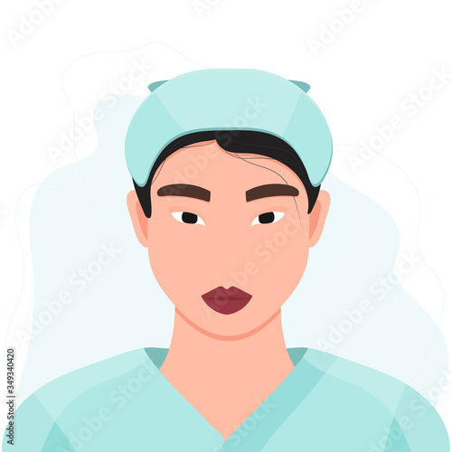 Female avatar. Female character in medical uniform. Asian woman as doctor or nurse.  Coronavirus epidemic. Vector stock  illustration isolated on white background.