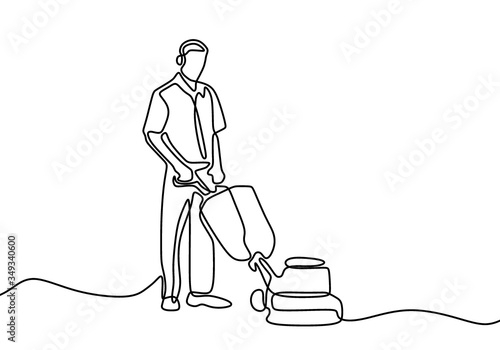 Continuous line drawing of male cleaner washes the floor. Janitor man using vacuum cleaner to wash the floor. Clean tools and cleaning service concept. Isolated hand draw design vector illustration