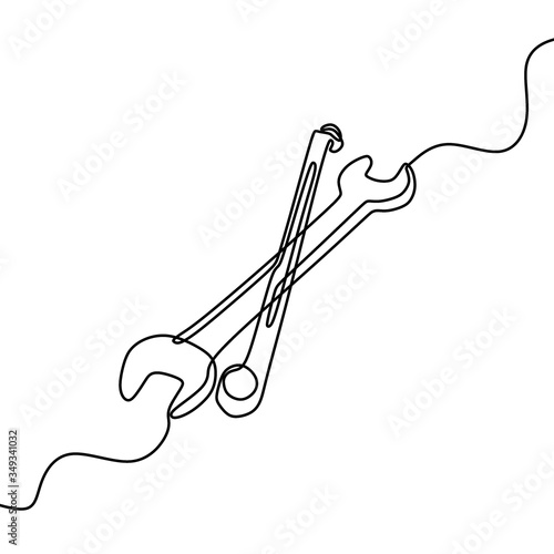 One single line drawing of stainless steel wrench key. Building tools concept for renovation and construction. Continuous line drawing isolated vector object by hand on a white background.