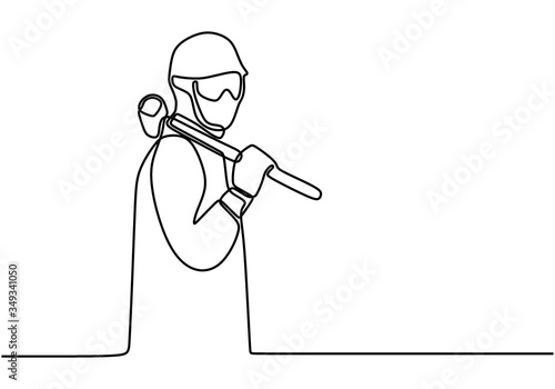Single line drawing of young construction worker carrying building tools. Handyman wearing helmet to safety work. Building constructor concept continuous line draw design. Vector illustration