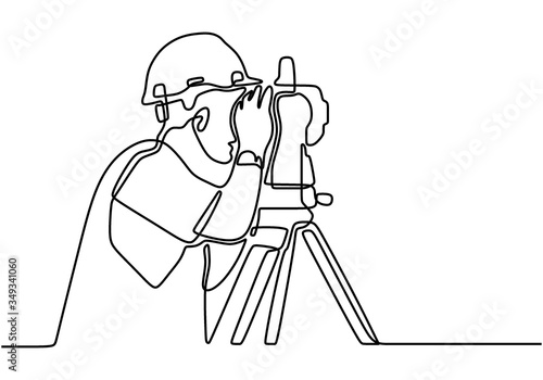 Single line drawing of young construction worker using land measuring instrument. Civil workman wearing helmet and uniform measuring soil. Building constructor concept continuous line draw design