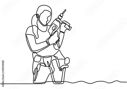 One line drawing of happy girl handyman carrying tools while holding drill machine. Woman repair construction maintenance service concept. Single line draw design illustration