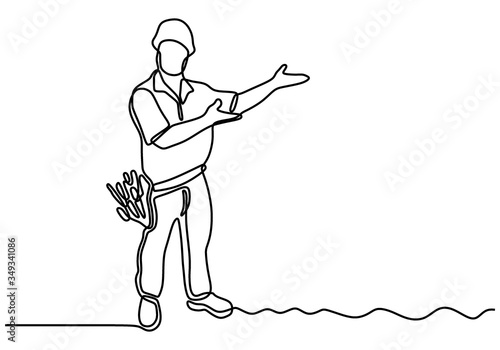 Single continuous line drawing of young handyman wearing building construction uniform while holding box tools. Home maintenance service excellent concept. Isolated draw design vector illustration