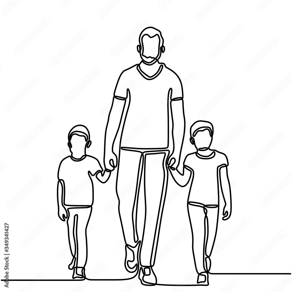 One line drawing of father and his two children holding hands. Young ...