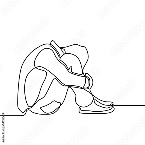 One line drawing of sad man hugs his knee and covering his face on white background. Continuous line drawing of frustration and stressful young man sitting on the ground. Man in depression.