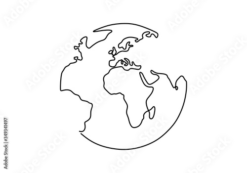 Earth globe one line drawing of world map vector illustration minimalist design isolated on white background. Simple modern earth globe style. Hand drawn for logo, emblem and design poster.