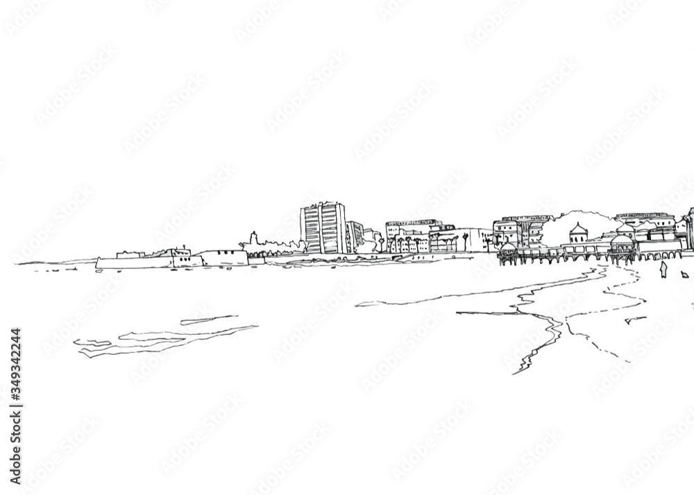 Carnaval y playa en Cádiz. Dibujo de balneario en la Caleta. Carnaval y playa en Cádiz. Dibujo de balneario en la Caleta.