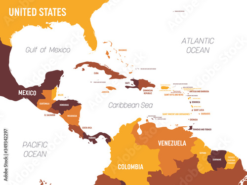 Central America map - brown orange hue colored on dark background. High detailed political map Central American and Caribbean region with country, ocean and sea names labeling