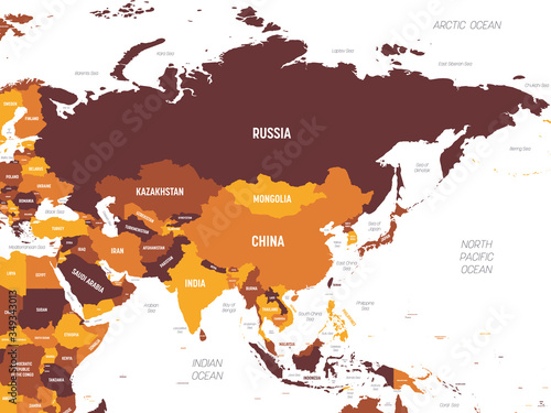 Asia - brown orange hue colored on dark background. High detailed political map of asian continent with country, ocean and sea names labeling