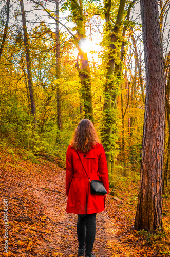 Young Caucasian woman in a red coat on a path in a colorful autumn forest. Sun shining through the trees. Fall fashion, colors, and style. Autumn fashion trends. Little Red Riding Hood concept.