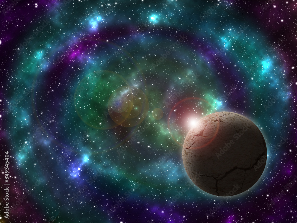 illustration 3D of a planet in outer space and a galaxy in its back