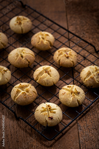 Freshly baked nankhatai are on a tray, Nankhatai are shortbread biscuits, originating from the Indian subcontinent, popular in Northern India and Pakistan.