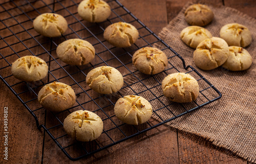 Freshly baked nankhatai are on a tray, Nankhatai are shortbread biscuits, originating from the Indian subcontinent, popular in Northern India and Pakistan. photo