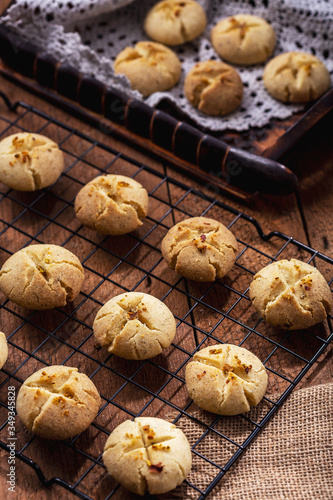 Freshly baked nankhatai are on a tray, Nankhatai are shortbread biscuits, originating from the Indian subcontinent, popular in Northern India and Pakistan.