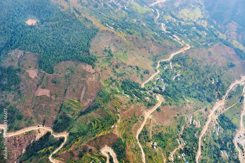 Aerial view at the mountains on flight from Kathmandu to Lukla in Nepal.