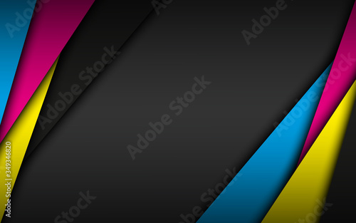 Black modern material background with overlapped layers in cmyk colors. Template for your business. Vector abstract widescreen background