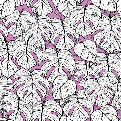 Cheese plant exotic tropical monstera house plant leaves. Vector repeat pattern. Great for apparel, home decor, backgrounds, wallpaper.