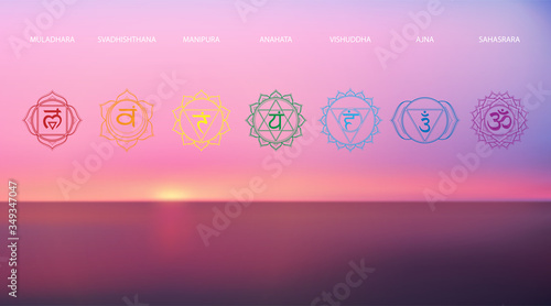 Vector abstract aerial panoramic view of sunrise over ocean with chakras icon set: muladhara, swadhisthana, manipura, anahata, vishuddha, ajna, sahasrara. Illustration of meditation and relaxation.