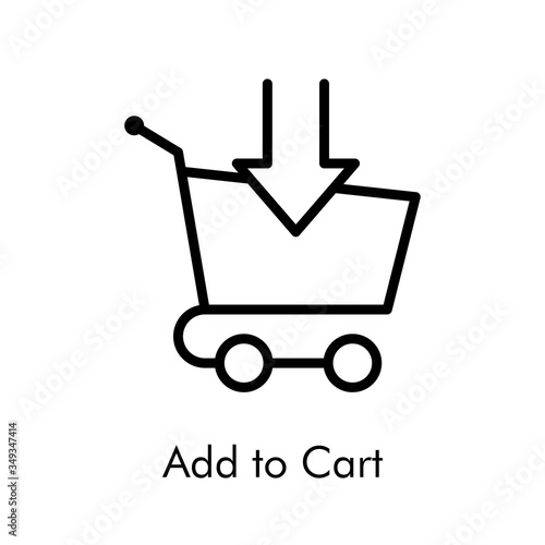 Símbolo comercio electrónico. Icono plano lineal texto Add to Cart con carrito de la compra con flecha en color negro