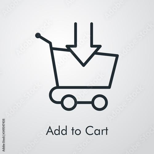 Símbolo comercio electrónico. Icono plano lineal texto Add to Cart con carrito de la compra con flecha en fondo gris