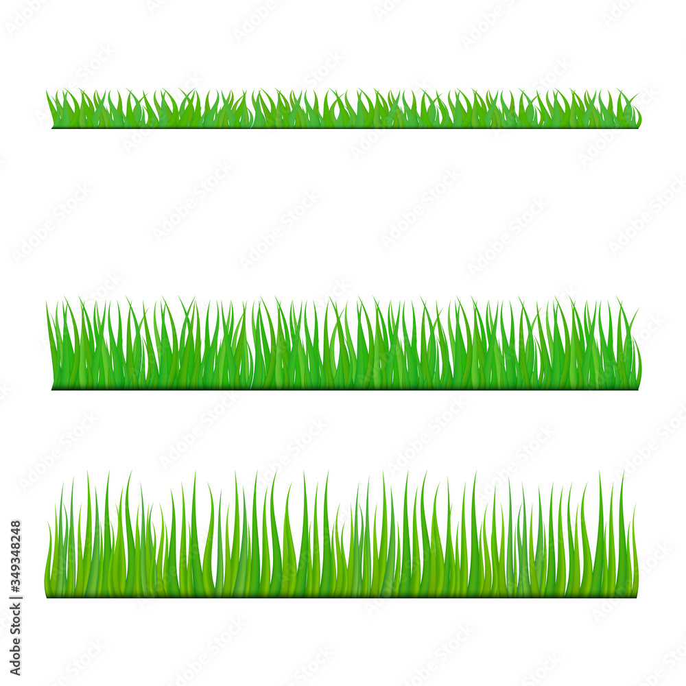Green grass lawn set, border or meadow vector illustration isolated on white background.