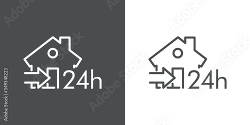 Símbolo entrega de pedido de compra. Icono plano lineal texto 24h en casa con flecha en fondo gris y fondo blanco