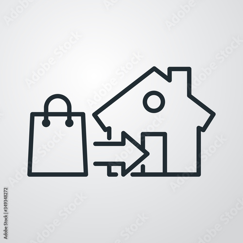 Símbolo entrega de pedido de compra. Icono plano lineal bolsa de compra con flecha y casa en fondo gris