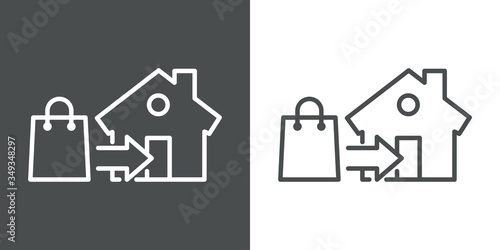 Símbolo entrega de pedido de compra. Icono plano lineal bolsa de compra con flecha y casa en fondo gris y fondo blanco