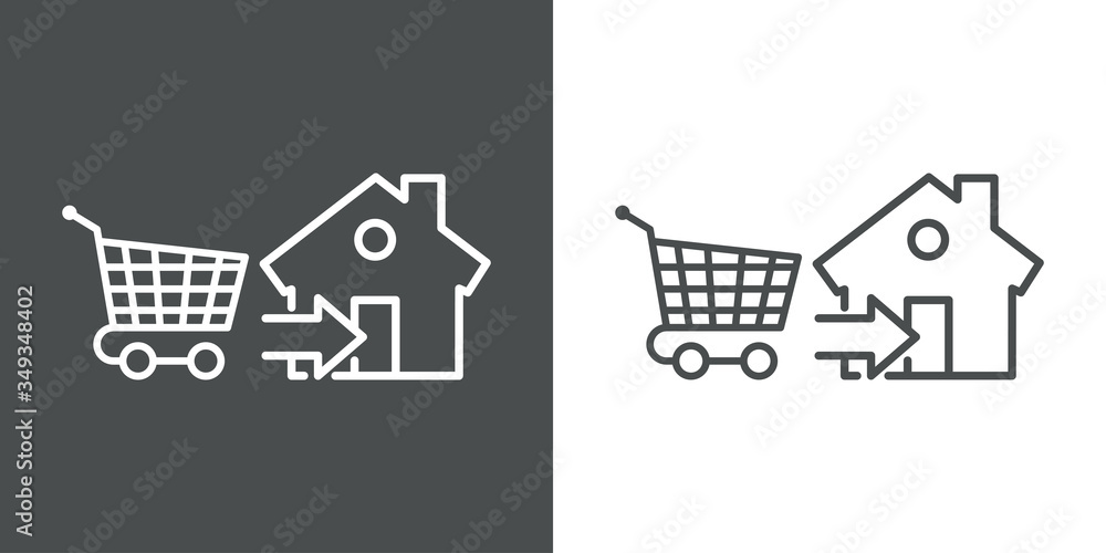 Símbolo entrega de pedido de compra. Icono plano lineal carrito de la compra con flecha y casa en fondo gris y fondo blanco