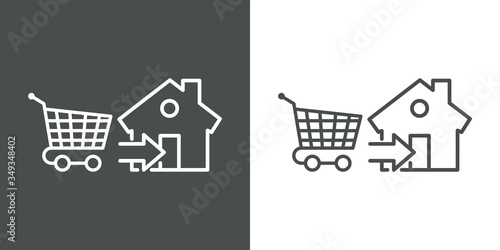 Símbolo entrega de pedido de compra. Icono plano lineal carrito de la compra con flecha y casa en fondo gris y fondo blanco
