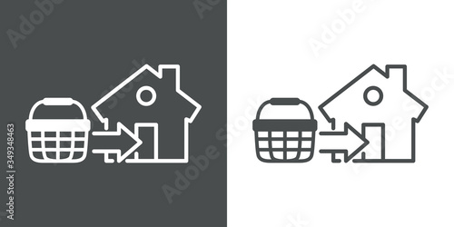 Símbolo entrega de pedido de compra. Icono plano lineal cesta de la compra con flecha y casa en fondo gris y fondo blanco