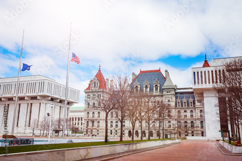 New York State Capitol building view from Empire Plaza government park, Albany