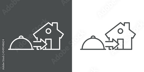 Servicio entrega de comida a domicilio. Icono plano lineal bandeja de comida con flecha y casa en fondo gris y fondo blanco