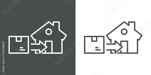 Símbolo entrega de pedido de compra. Icono plano lineal caja de cartón con flecha y casa en fondo gris y fondo blanco