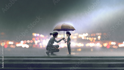 the woman gives an umbrella to the boy in the rain, digital art style, illustration painting