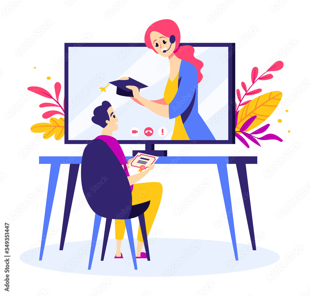Man graduates from online course. Woman awards diploma and a cap to man across videoconference. Flat style illustration Man graduates from online course. Woman awards diploma and a cap to man across videoconference. Flat style illustration