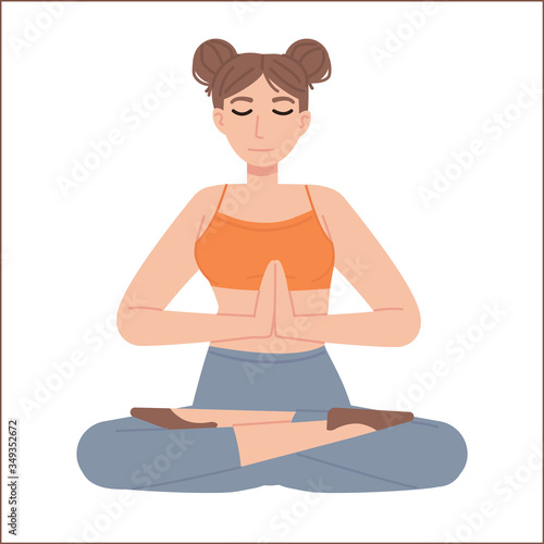Cute girl in lotus asana with joined hands and closed eyes. Meditation, mental health, relaxation, yoga,fitness, stress management concept. Stock vector illustration isolated on white background in