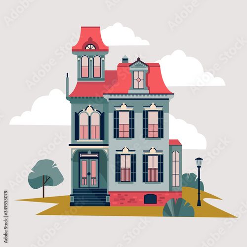 Old house detailed vector illustration. Retro victorian style building facade. Suburban residential real estate design element