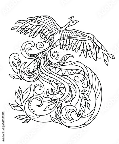Mythical bird Phoenix (Fire bird). Page of coloring book. Vector illustration.