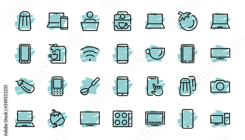 set of smart devices and gadgets, computer hardware and electronics. Electronic device icons for web and mobile vector lines. Editable stroke. 480x480 pixels