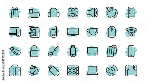 A set of smart devices and gadgets, computer hardware and electronics. Electronic devices icons for web and mobile vector lines. computer, telephone. Editable stroke. 48x48 pixels