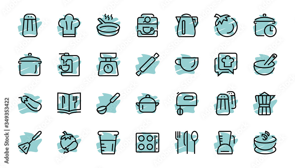 Set of icons for cooking and kitchen, vector lines, contains icons such as a knife, saucepan, boiling time, mixer, scales, recipe book. Editable stroke, perfect 480x480 pixels, white background Set of icons for cooking and kitchen, vector lines, contains icons such as a knife, saucepan, boiling time, mixer, scales, recipe book. Editable stroke, perfect 480x480 pixels, white background