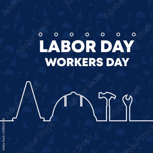 Happy Labor Day banner. Vector illustration, Design template. Continuous one line drawing of helmet, hammer, and construction tools. photo