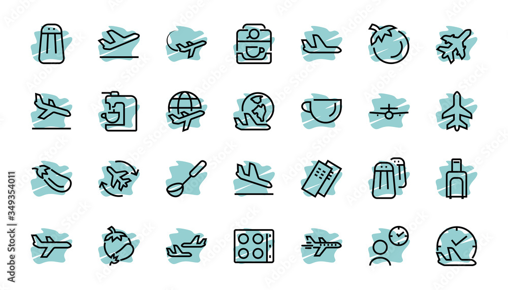 Fototapeta premium A simple set of airport related vector line icons. Contains badges such as departure, boarding, waiting time, boarding, find a place to travel tickets, and much more. Editable stroke. 48x48 pixels