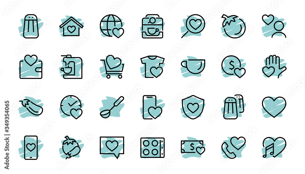 The set of icons about love contains such icons as love of music, declaration of love, heart, favorite home, Linear set. Vector on a white background. Editable stroke. 480x480 The set of icons about love contains such icons as love of music, declaration of love, heart, favorite home, Linear set. Vector on a white background. Editable stroke. 480x480