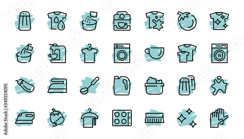 Simple set of washing related vector line Icons. Contains icons such as washing machine, powder, laundry, dirty t-shirt and much more. On a white background, editable stroke. 48x48 pixels perfect