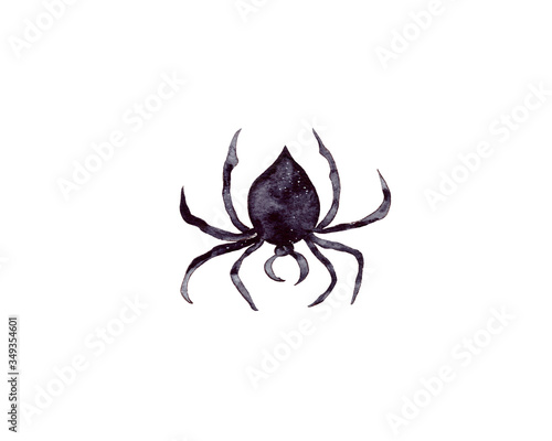A hand-drawn watercolor illustration of a black spider down its head descends on a web, an element of Halloween celebration